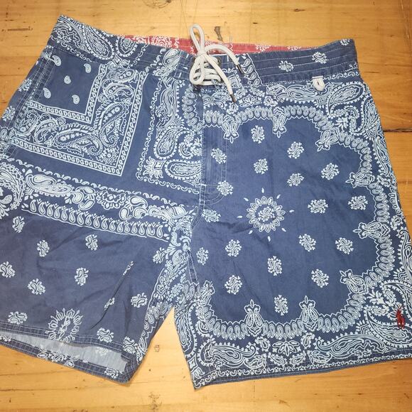 RALPH LAUREN Polo sz 36 Board Shorts Blue Bandana Print Drawstring Lined - Picture 1 of 7